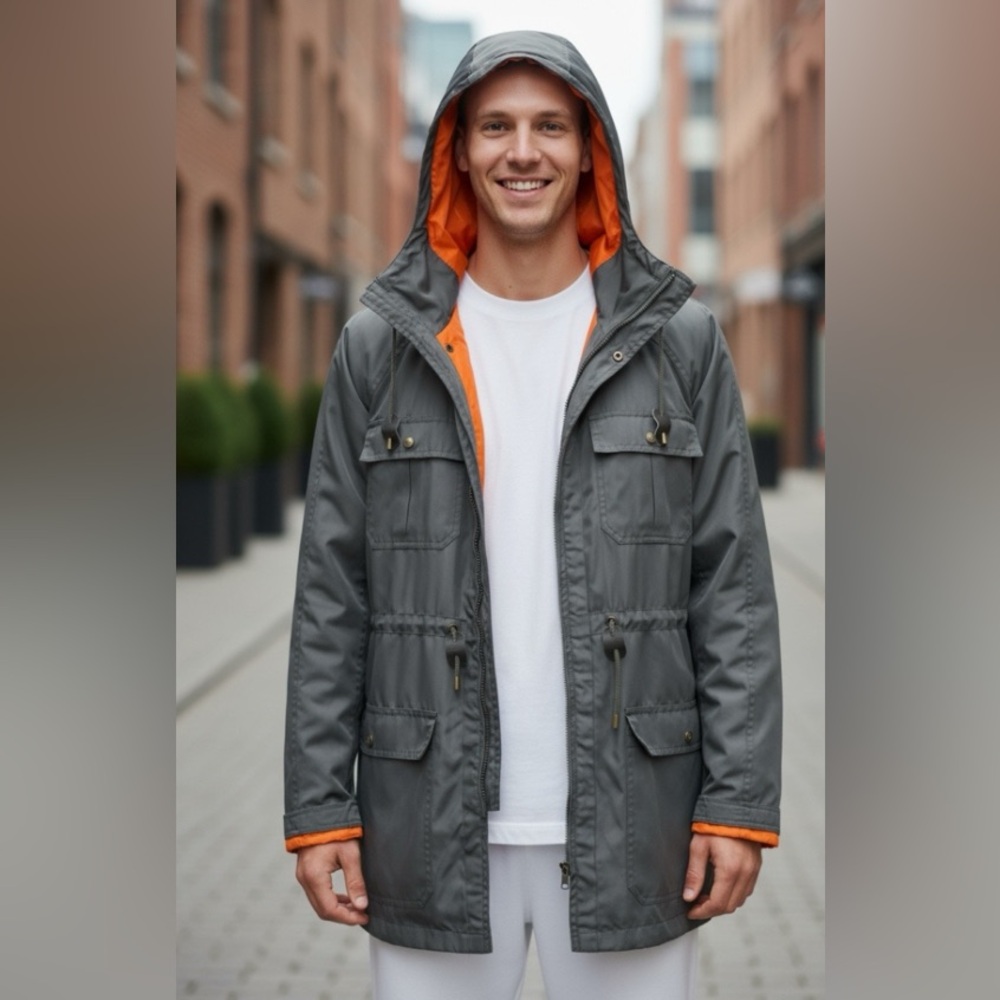 Reason Clothing Gray Hooded Utility Jacket Orange Lining Size L